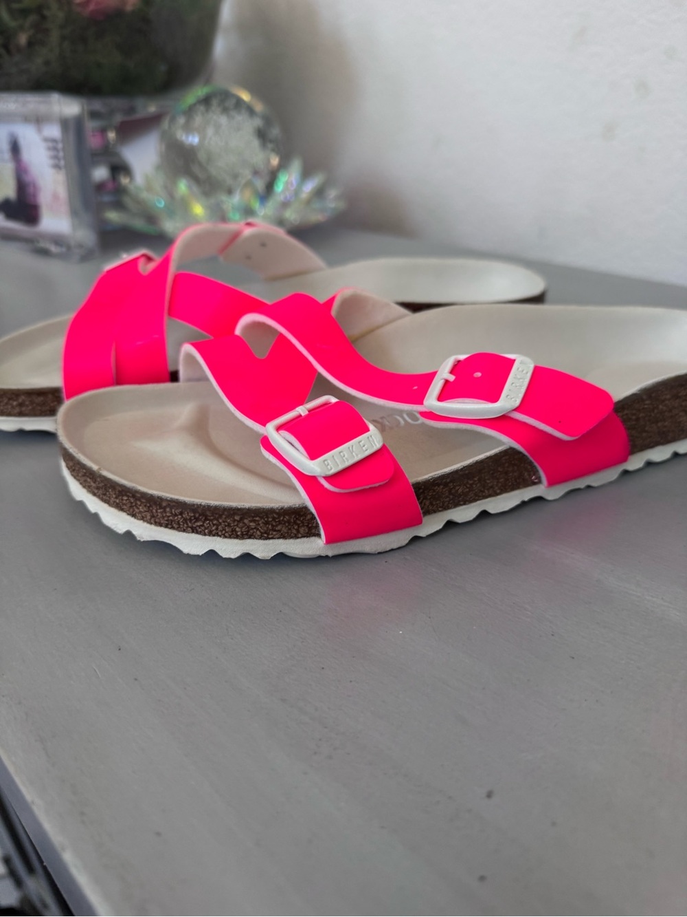 Birkenstock Neon Pink Double Buckle Cork Footbed Sandals - Picture 2 of 5